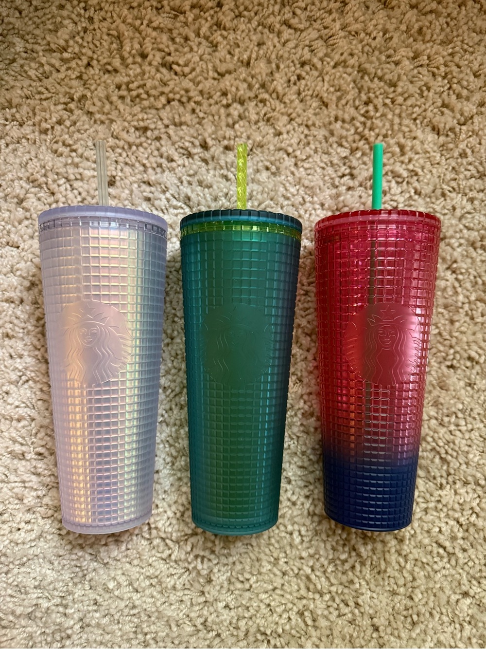 Starbucks Iridescent Pearl, Green, and Red-Blue Studded Tumblers Trio
